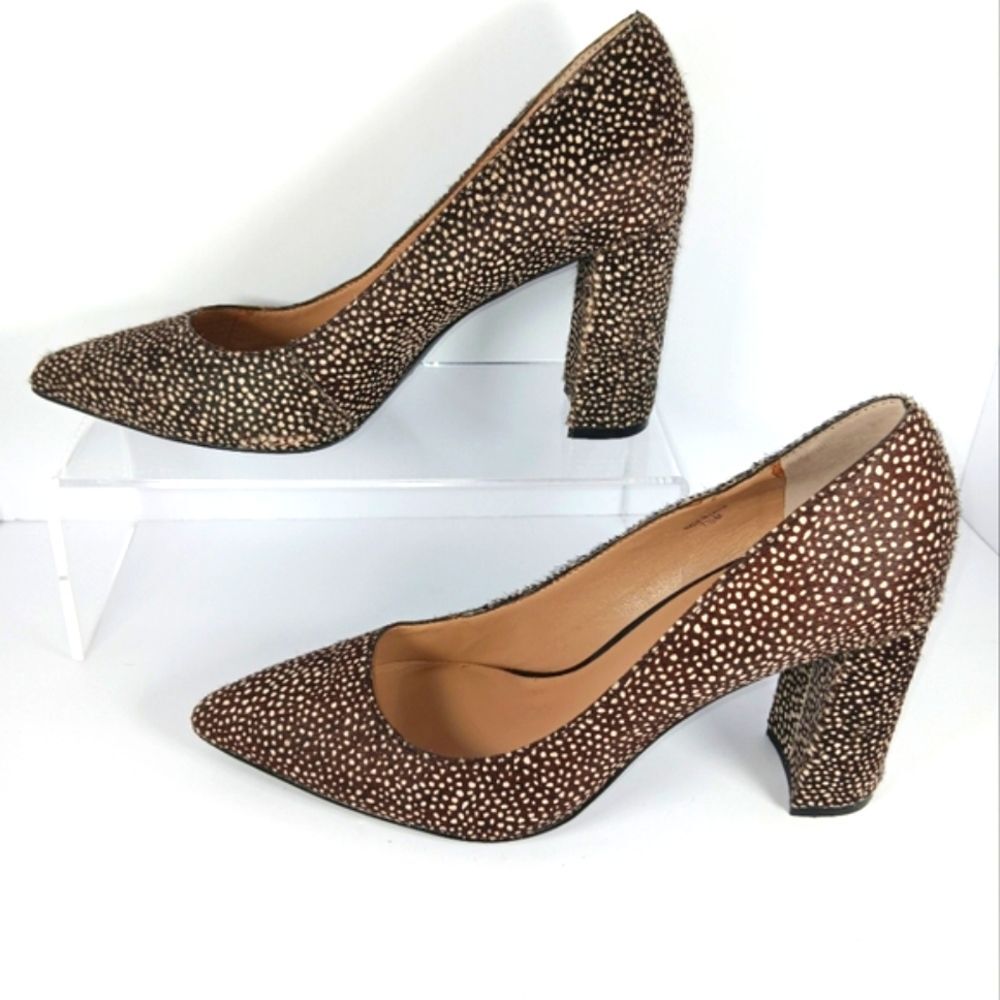 Banana Republic Madison Cowhair Pumps 7.5 Brown Spotted Pointed Toe Block Heel